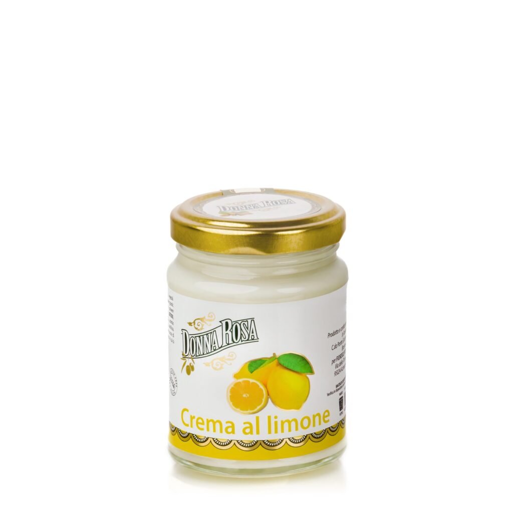 Donna Rosa lemon cream in a glass jar with gold lid on a clean white background
