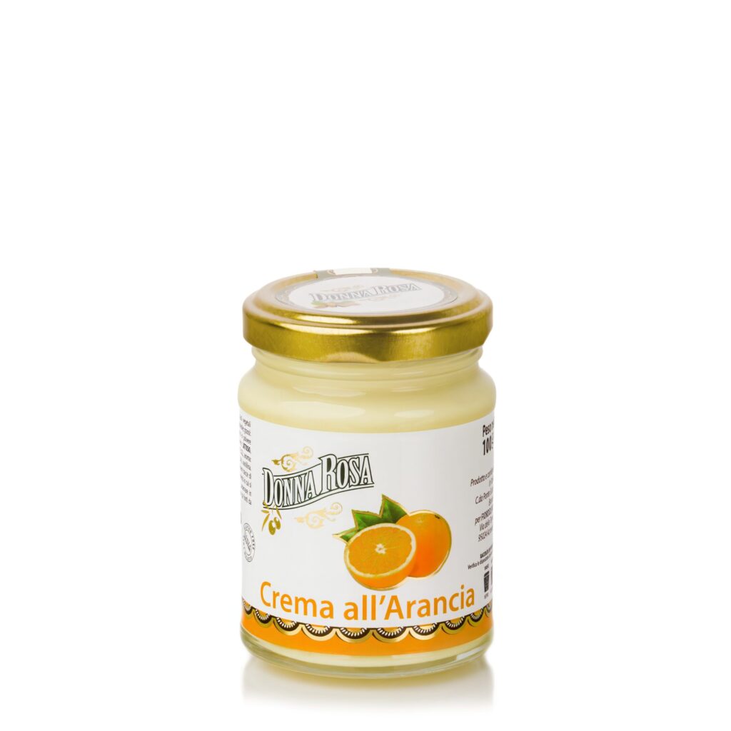 Donna Rosa orange cream in a glass jar with gold lid on a clean white background