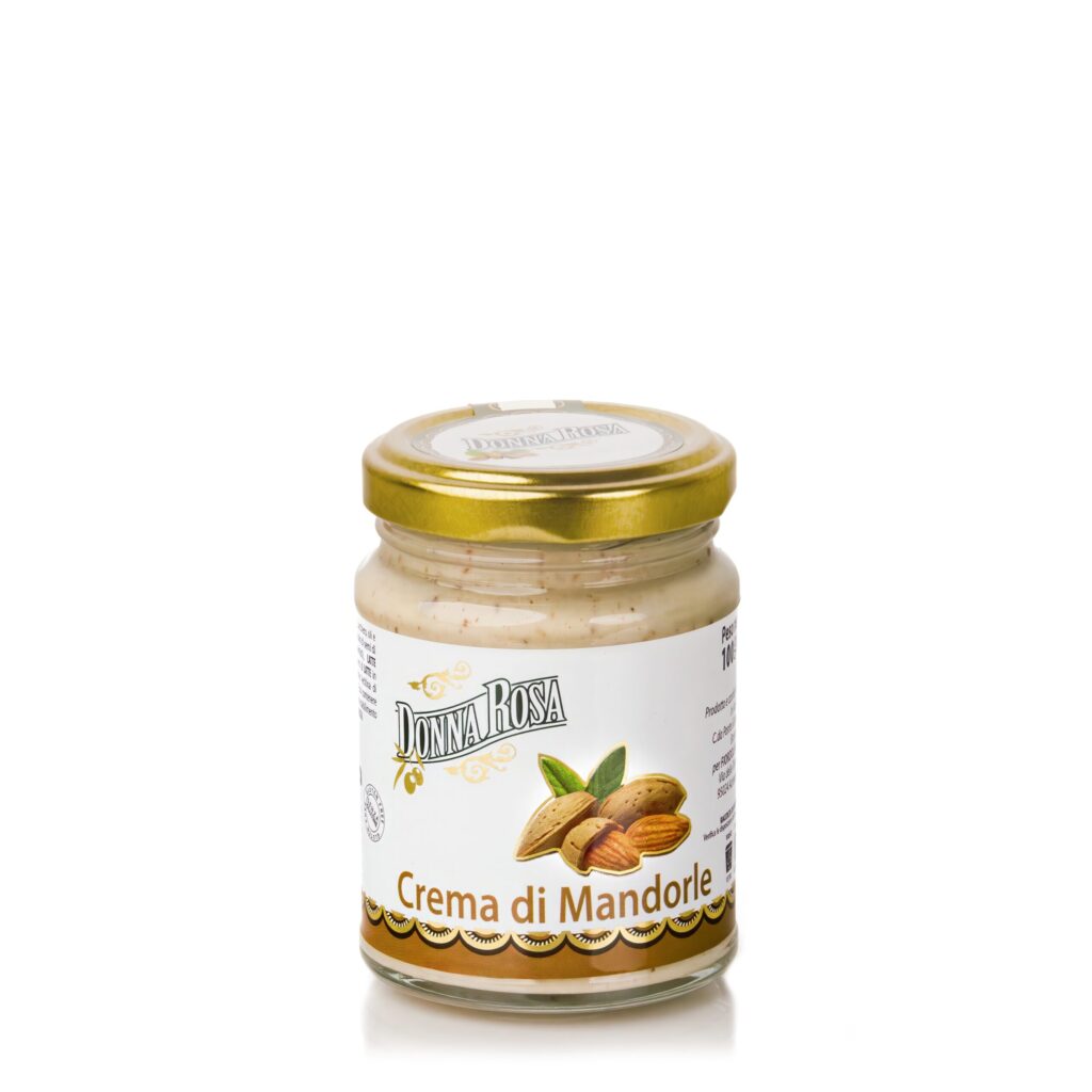 Donna Rosa almond cream in a glass jar with gold lid on a clean white background