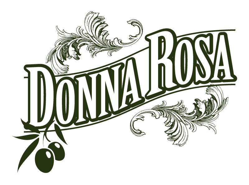Donna Rosa logo in white and olive green with decorative flourishes and olive branch detail