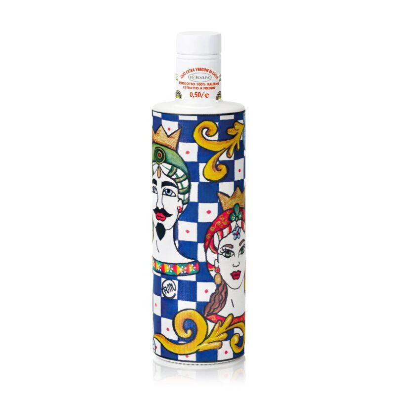 Fiordolivo extra virgin olive oil bottle with blue Sicilian heads-inspired artwork on a clean white background