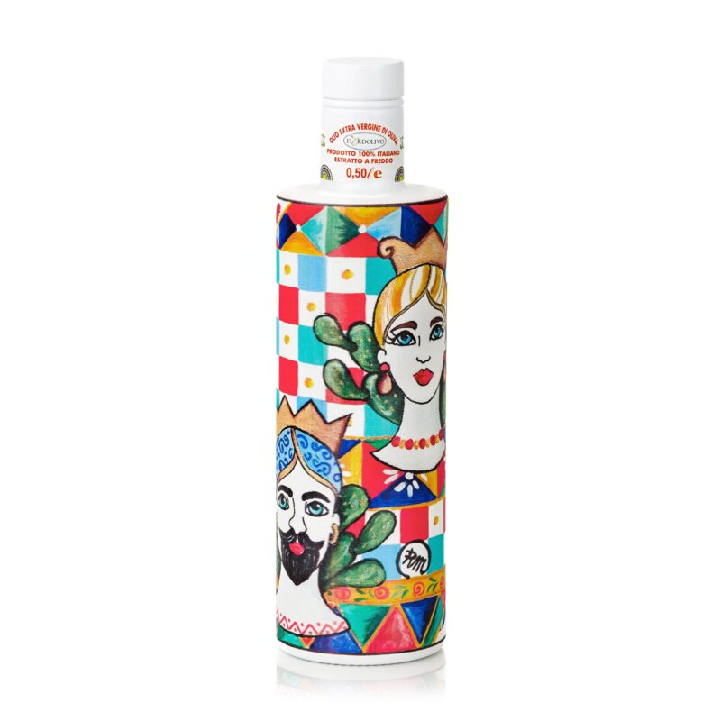 Fiordolivo extra virgin olive oil bottle with colorful Sicilian heads-inspired artwork on a clean white background