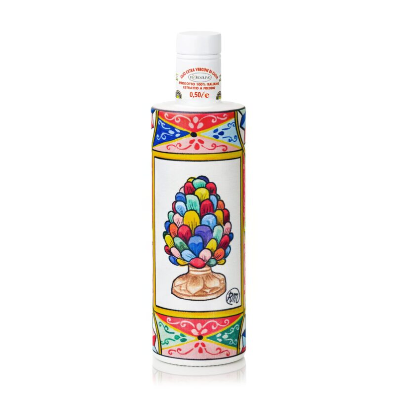 Fiordolivo extra virgin olive oil bottle with colorful Sicilian maiolica-inspired artwork on a clean white background