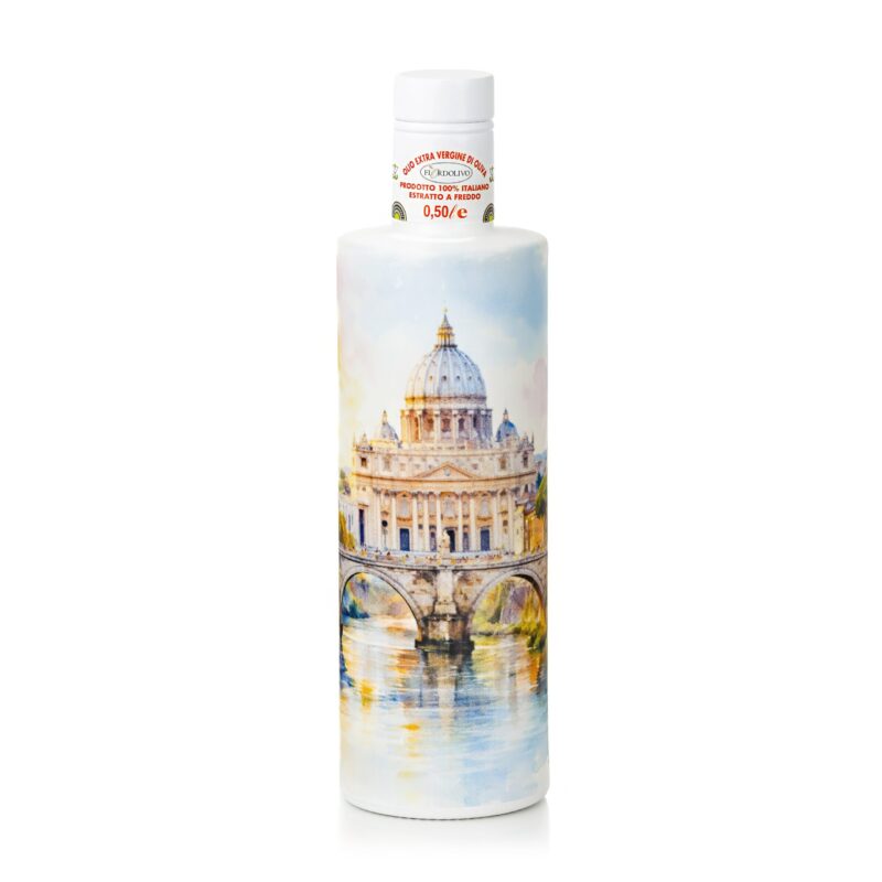 Fiordolivo extra virgin olive oil bottle with Saint Peter’s Basilica-inspired artwork on a clean white background