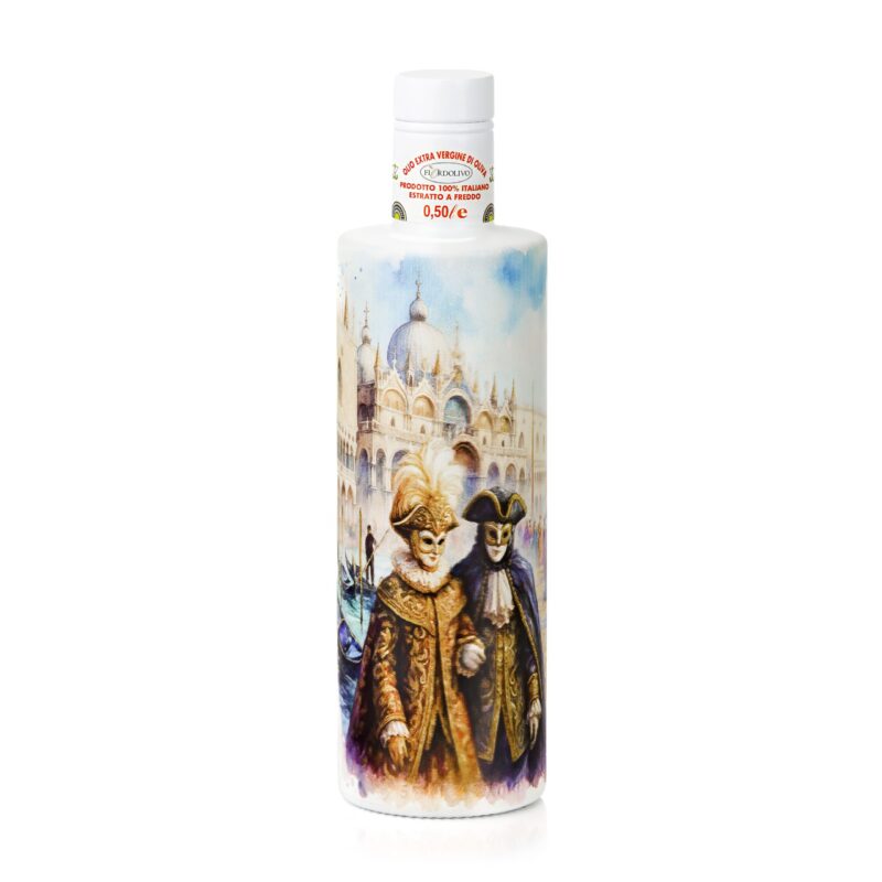 Fiordolivo extra virgin olive oil bottle with Venice Carnival-inspired artwork on a clean white background