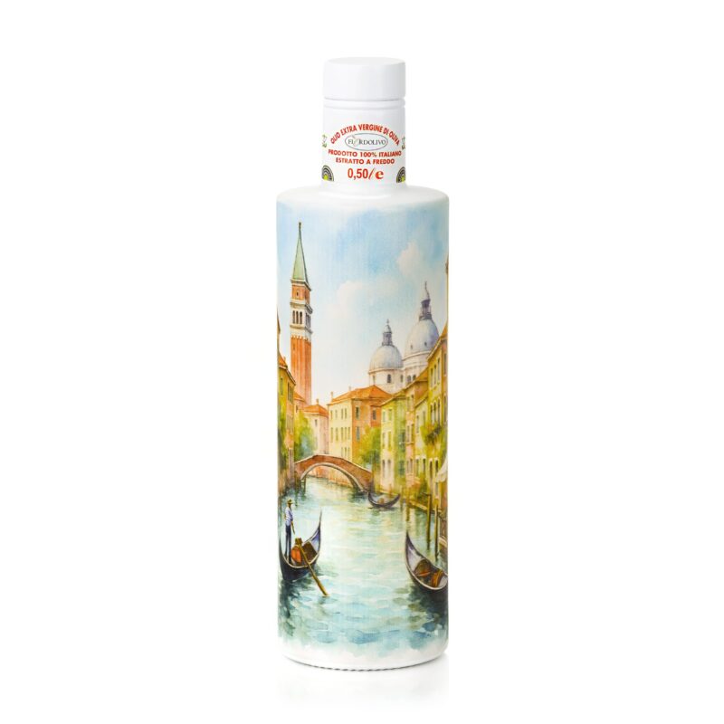 Fiordolivo extra virgin olive oil bottle with Venice-inspired artwork on a clean white background