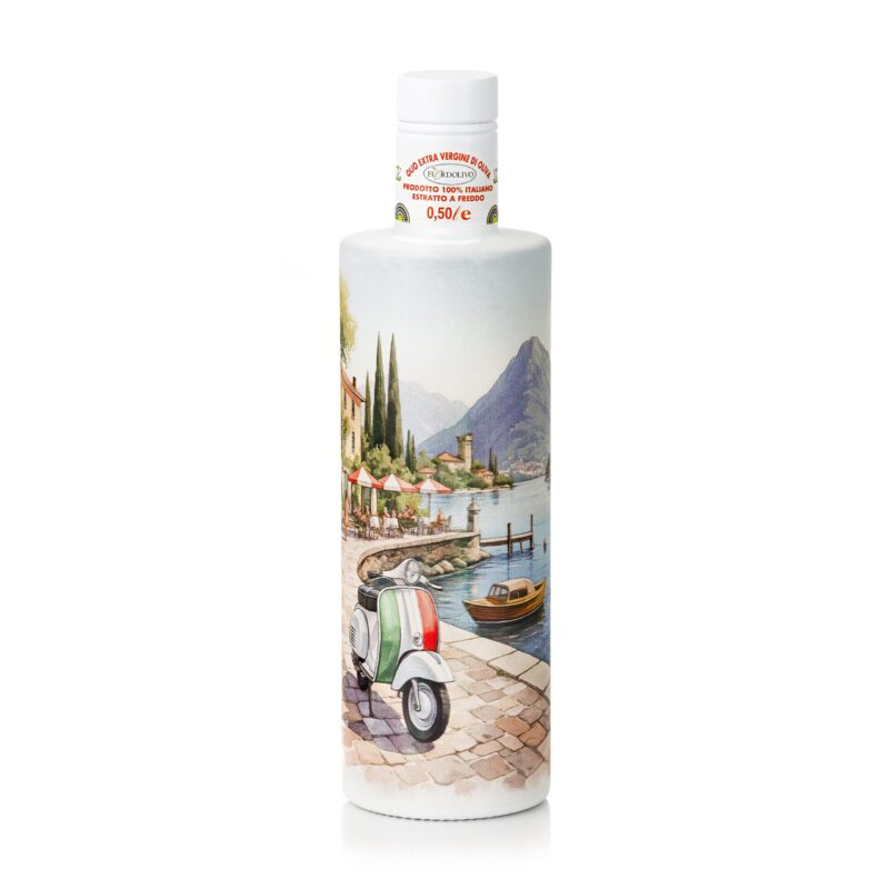 Fiordolivo extra virgin olive oil bottle with Lake Como-inspired artwork on a clean white background