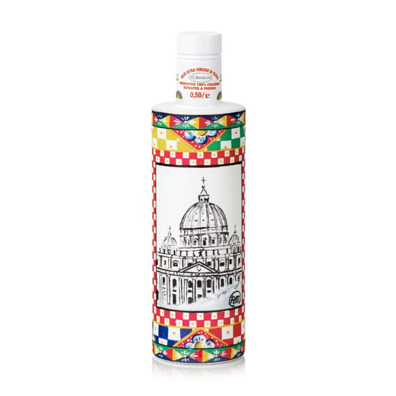 Fiordolivo extra virgin olive oil bottle with colorful Rome-inspired artwork on a clean white background