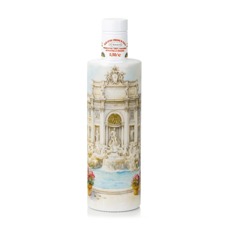 Fiordolivo extra virgin olive oil bottle with Trevi Fountain-inspired artwork on a clean white background