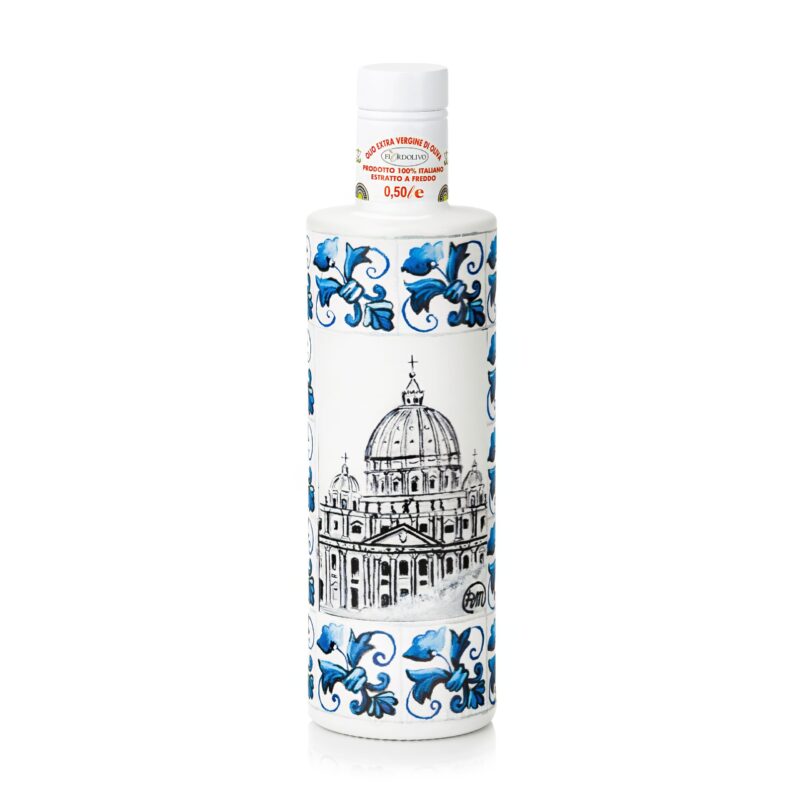 Fiordolivo extra virgin olive oil bottle with blue Rome-inspired artwork on a clean white background